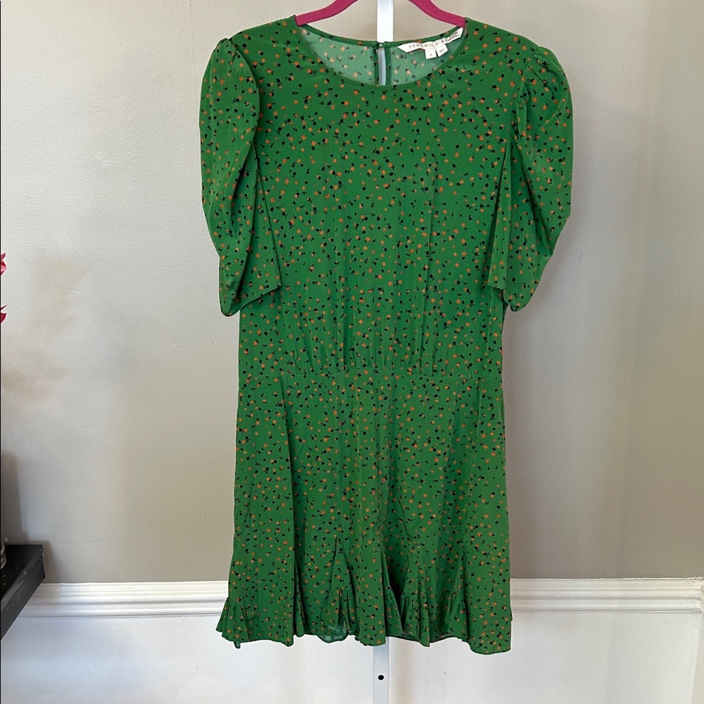 Veronica Beard Green Mini Dress with Black and Rust Dot Print